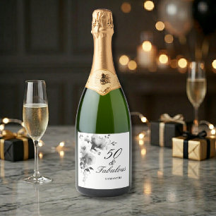 50 and Fabulous Black White Floral 50th Birthday Sparkling Wine Label