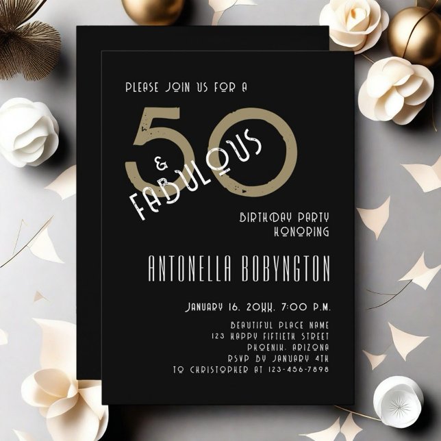 50 and fabulous black white gold birthday party  invitation (Creator Uploaded)