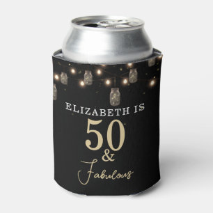 50 and Fabulous Black with String Lights Can Cooler