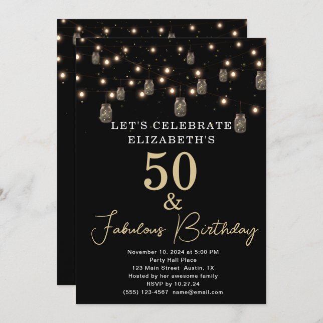 50 and Fabulous Black with String Lights Invitation (Front/Back)