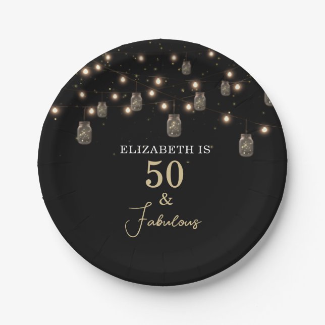 50 and Fabulous Black with String Lights Paper Plate (Front)