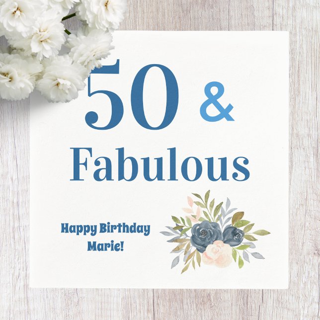 50 and Fabulous Blue Typography Birthday Party Napkin (Creator Uploaded)