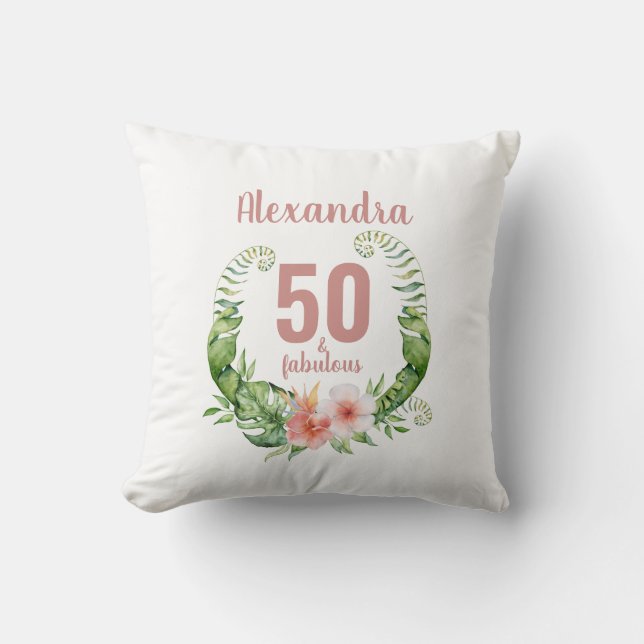 50 and fabulous blush pink script stylish birthday cushion (Front)