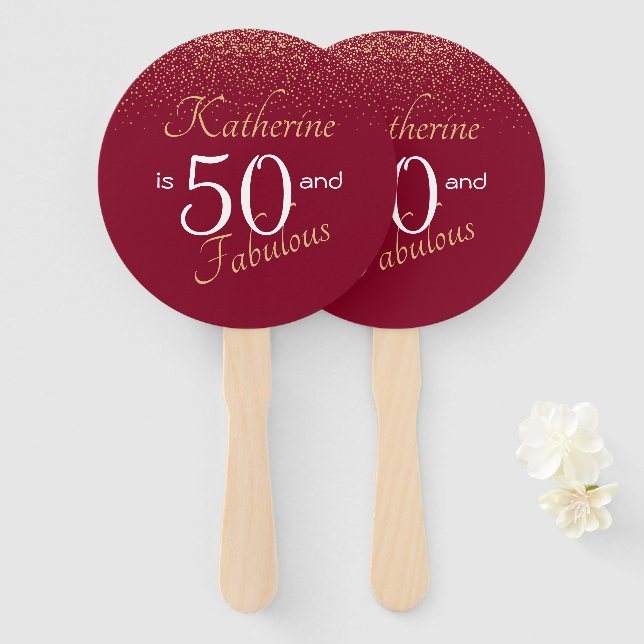  50 and Fabulous Burgundy 50th Birthday  Hand Fan (Front and Back)