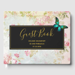 50 and Fabulous Butterfly on Vintage Collage Guest Book