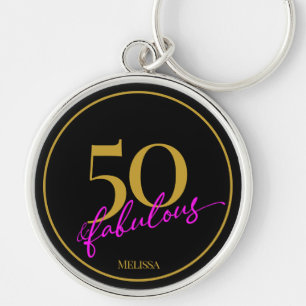 50 and Fabulous Chic Black Gold and Pink Script Key Ring