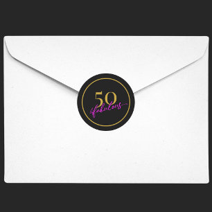 50 and Fabulous Chic Black Gold Party Invitation Classic Round Sticker