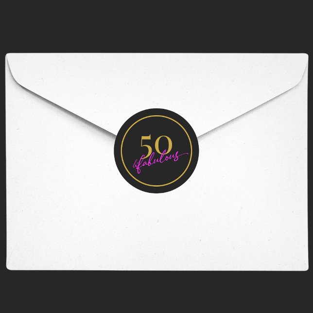 50 and Fabulous Chic Black Gold Party Invitation Classic Round Sticker (50 and fabulous seal sticker for 50th birthday party invitations, featuring gold and hot pink script)