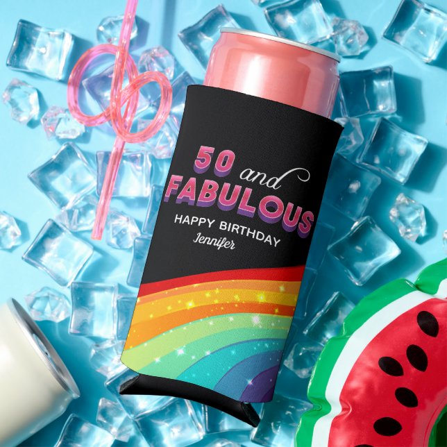 50 and Fabulous Chic Custom Rainbow Birthday Party Seltzer Can Cooler (In Situ Summer)