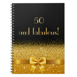 50 and fabulous Chic golden bow with sparkle black Spiral Notebook