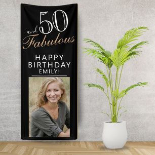 50 and Fabulous Chic Script Black Photo Party Banner