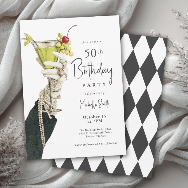 50 and Fabulous Cocktails and Pearls Birthday Invitation (Available in both printed and instant download digital formats.)