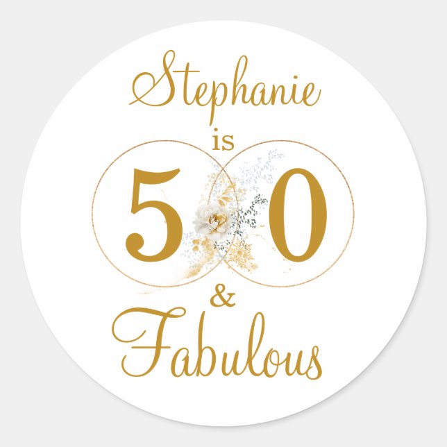 50 and Fabulous Custom Name 50th Birthday Classic Round Sticker (Front)