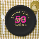 50 and Fabulous Custom Name Fiftieth Birthday Paper Plate<br><div class="desc">Bold 50 and Fabulous 50th birthday party Paper Plates with gold and pink typography against a black background. Ideal for glam fiftieth birthday celebrations. Add your name for that extra special touch.</div>