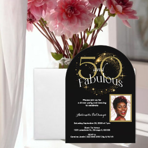 50 and Fabulous Customised Single Photo Black Gold Acrylic Invitations