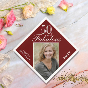 50 and Fabulous Dark Red Photo 50th Birthday Napkin