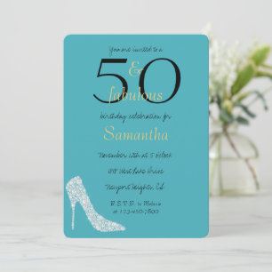 50 and Fabulous Diamond Heels Aqua 50th Birthday Invitation