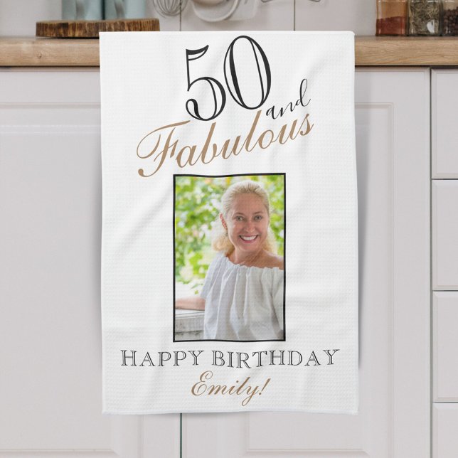 50 and Fabulous Elegant 50th Birthday Photo Tea Towel (Creator Uploaded)