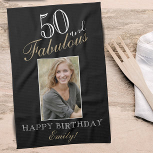 50 and Fabulous Elegant 50th Birthday Photo Tea Towel