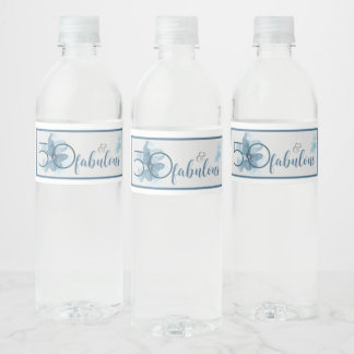 50 and Fabulous Elegant Blue Floral  Watercolor  Water Bottle Label