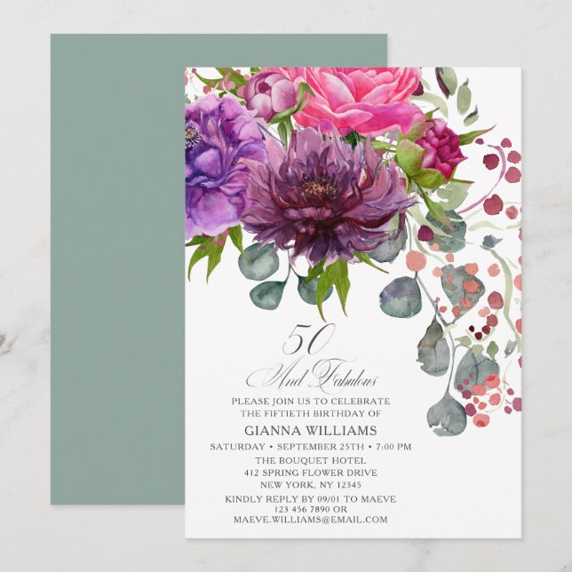50 and Fabulous Elegant Floral 50th Birthday Invitation (Front/Back)