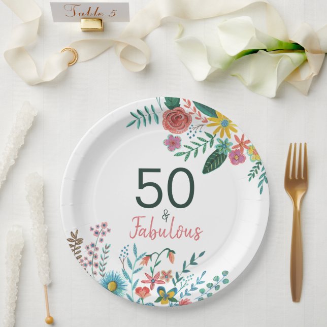 50 and fabulous elegant floral watercolor paper plate (Wedding)