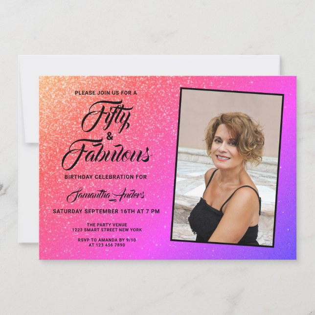 50 and Fabulous Elegant Pink Glitter Photo Invitation (Front)
