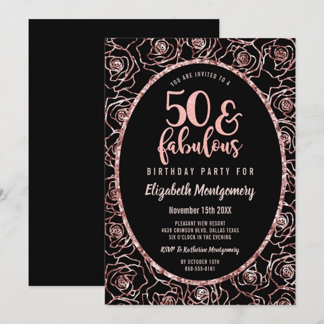 50 And Fabulous Elegant Rose Gold Birthday Party Invitation (Front/Back)