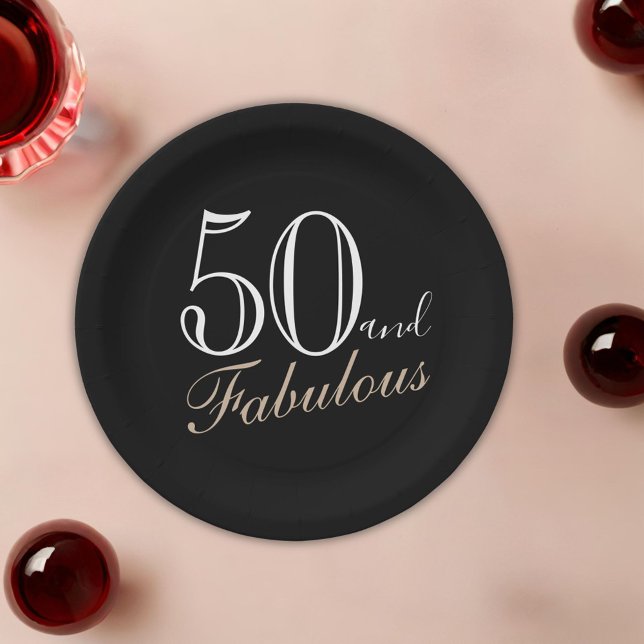 50 and Fabulous Elegant Script Black 50th Birthday Paper Plate (Creator Uploaded)