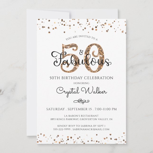 50 AND FABULOUS Elegant Script Black Gold Confetti Invitation (Front)