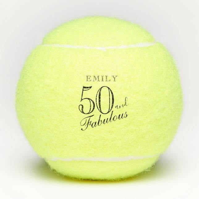 50 and Fabulous Elegant Script Name 50th Birthday Tennis Balls (Front)