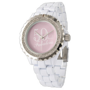 50 and Fabulous Elegant Script Pink 50th Birthday Watch