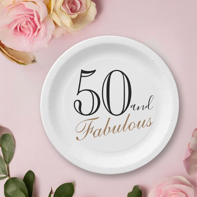 50 and Fabulous Elegant Script Woman 50th Birthday Paper Plate (Creator Uploaded)