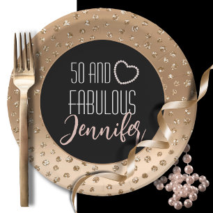 50 and Fabulous Feminine Stylish Gold Black Blush  Paper Plate