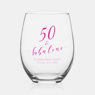 50 and Fabulous Fiftieth Birthday Pink Name Date Stemless Wine Glass
