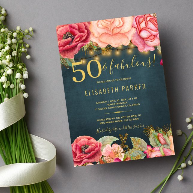 50 and fabulous floral elegant 50th birthday party invitation (Creator Uploaded)