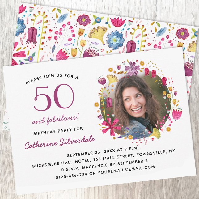 50 and Fabulous Floral Photo Birthday Party Invitation (Fifty and fabulous floral photo birthday party invitation)