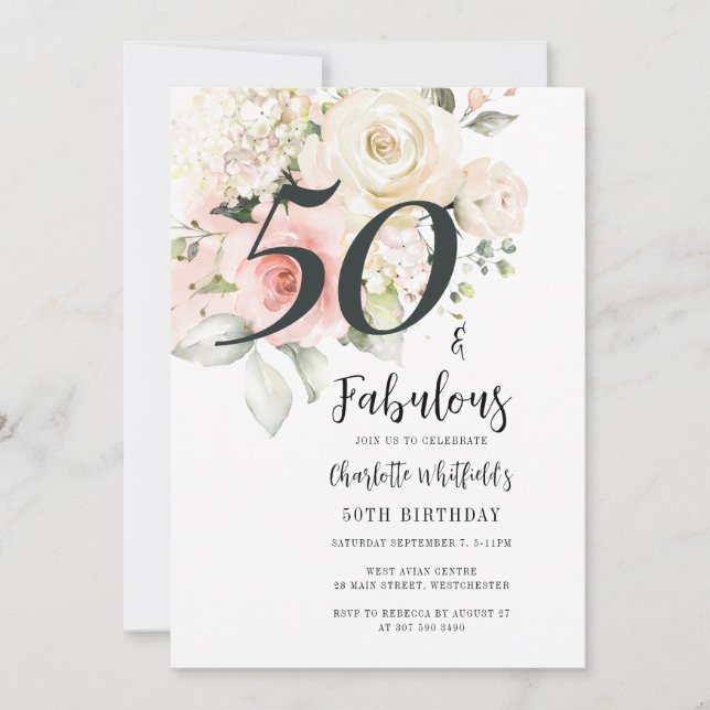 50 and Fabulous Floral Script 50th Birthday Invitation (Front)
