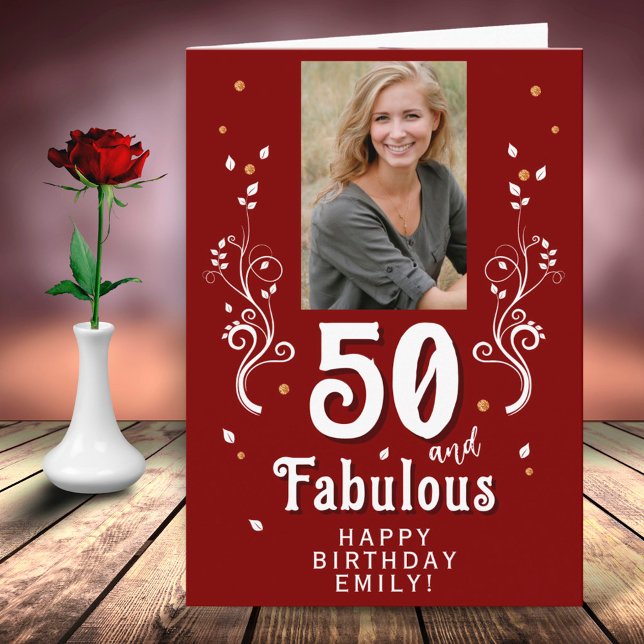 50 and Fabulous Foliage Red 50th Birthday Photo Card (Creator Uploaded)