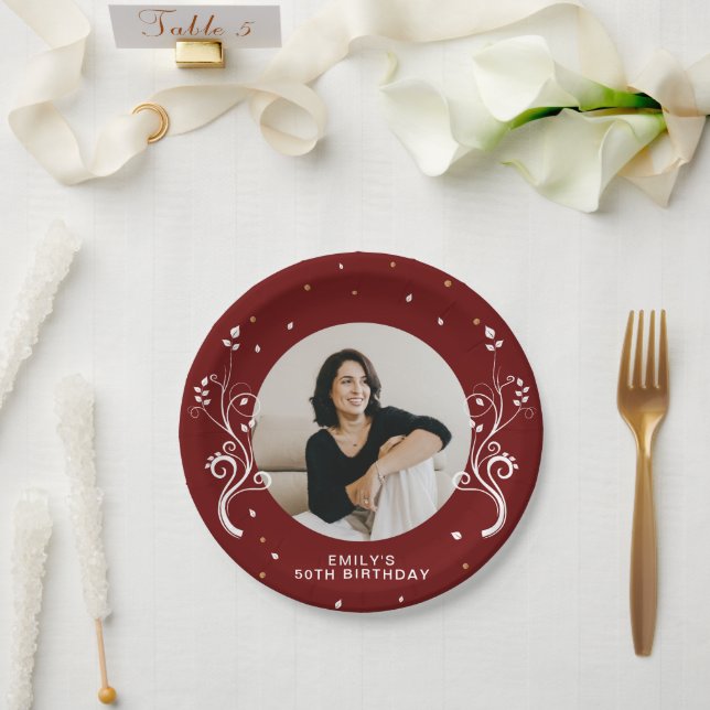 50 and Fabulous Foliage Red 50th Birthday Photo Paper Plate (Wedding)