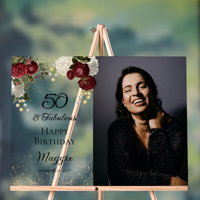 50 and Fabulous Glam Rose Floral Birthday Party Acrylic Sign (Neutral)