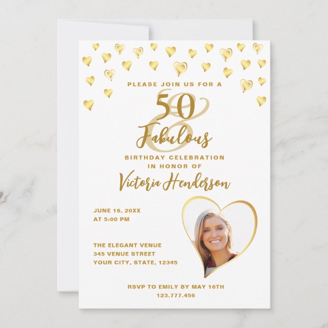 50 and Fabulous Glam White and Gold Photo Birthday Invitation (Front)