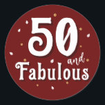 50 and Fabulous Glitter Red 50th Birthday Classic Round Sticker<br><div class="desc">50 and Fabulous Glitter Red 50th Birthday Sticker. 50 and fabulous text in trendy white script with a name on a dark red background. Personalise it with your the age.</div>