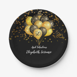 50 And Fabulous Gold And Black Balloons Confetti Paper Plate