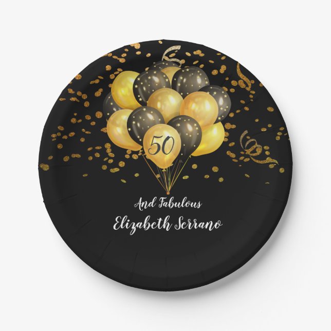 50 And Fabulous Gold And Black Balloons Confetti Paper Plate (Front)
