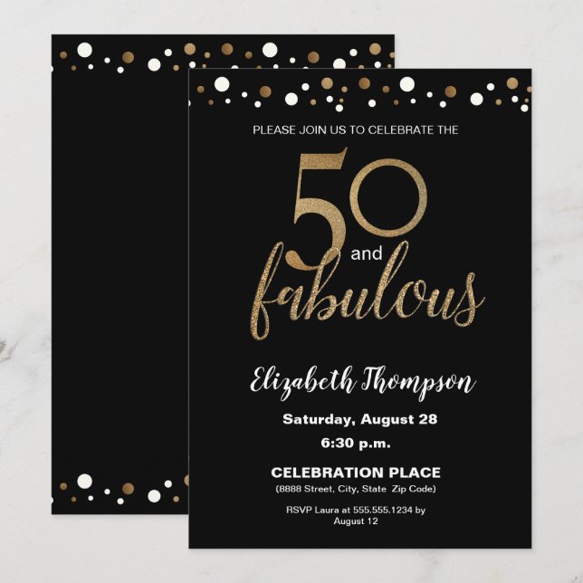 50 and fabulous Gold and Black Confetti Birthday Invitation (Front/Back)
