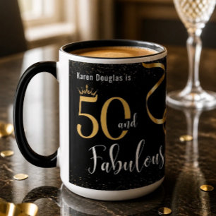 50 and Fabulous Gold and Black Personalised Mug