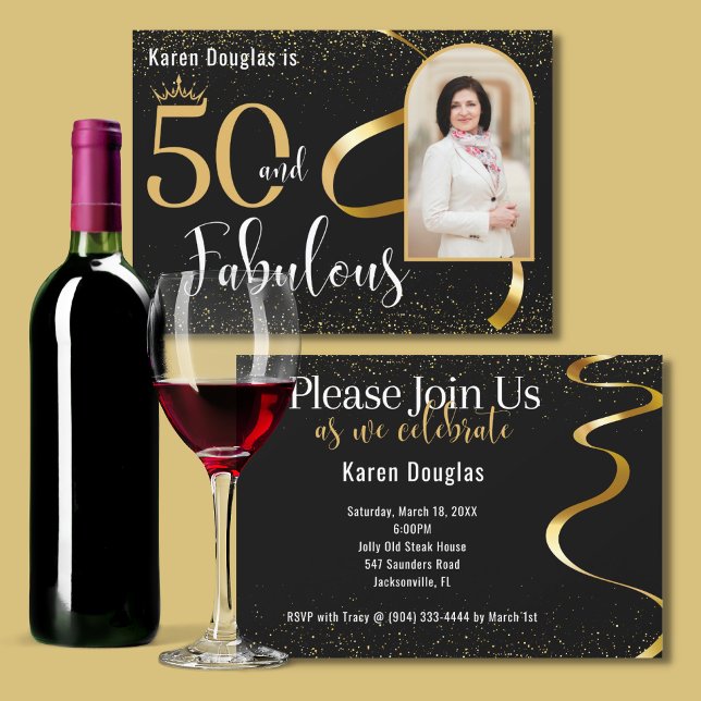 50 and Fabulous Gold and Black Photo Party Invite (Creator Uploaded)