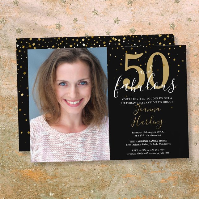 50 and Fabulous Gold Black 50th Birthday Photo Invitation (50 and Fabulous Gold Black 50th Birthday Photo Invitation)
