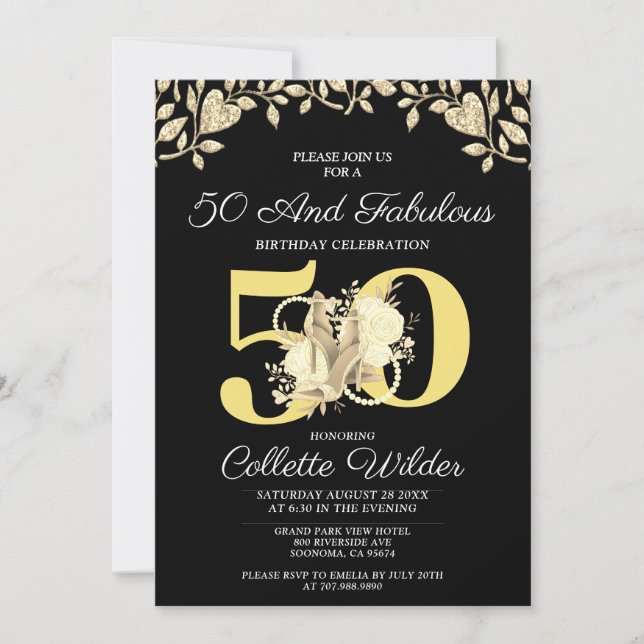 50 And Fabulous Gold Black Birthday Invitation (Front)